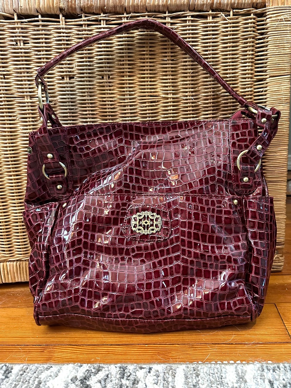 Aj Valenci Croc-Embossed Patent Shoulder Bag in Deep Wine